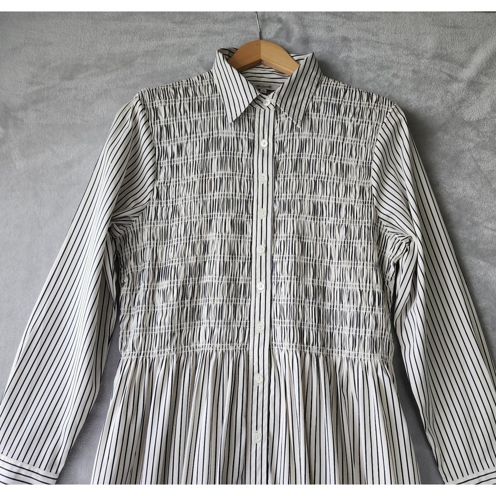 Madewell Dress Size Large Smocked Black Pinstriped Cotton Pockets Shirtdress NWT - Picture 2 of 10